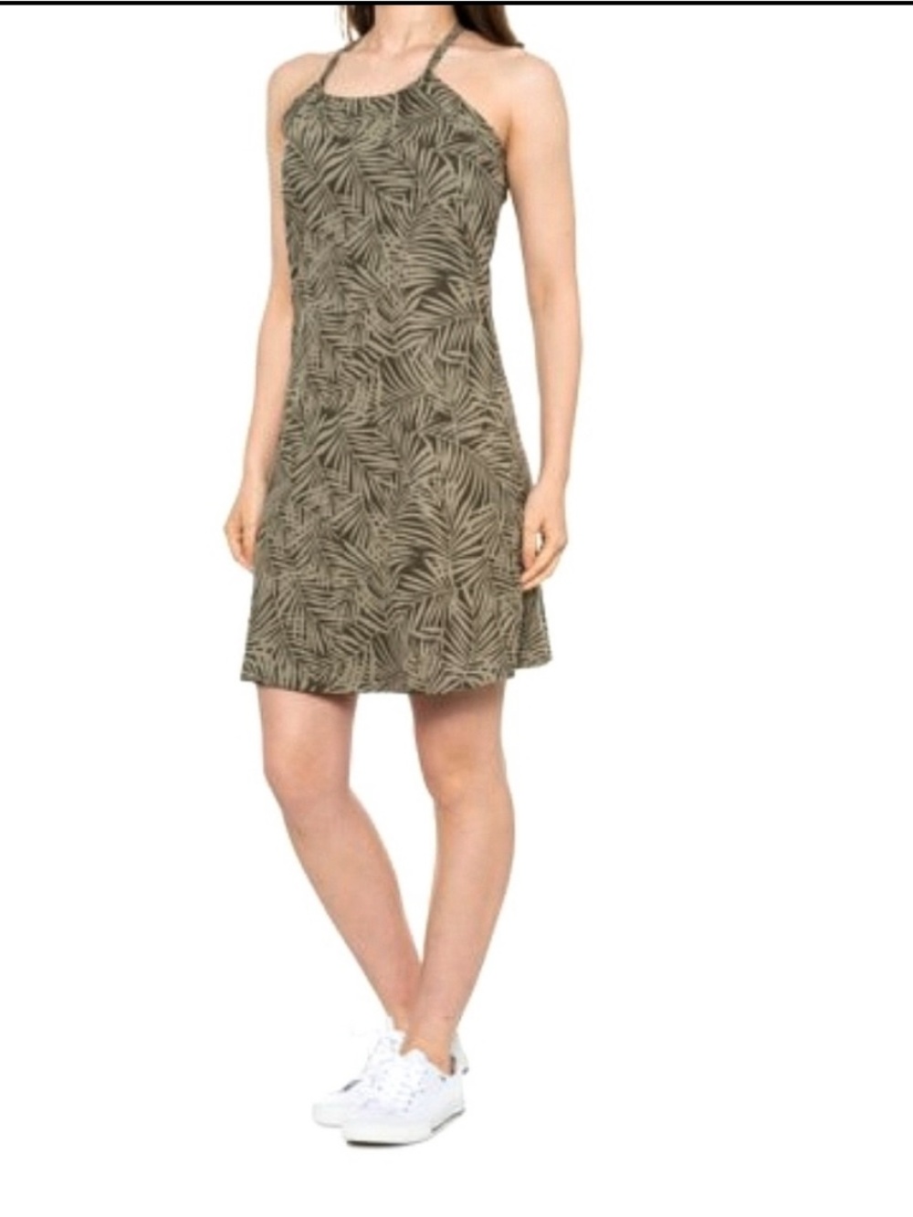 Eddie Bauer Harmony Palm Halter Racerback Dress Built-in Bra Green L